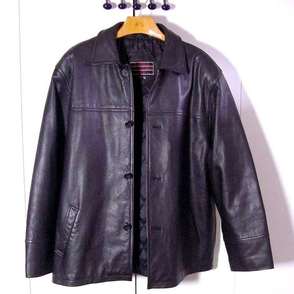 Vtg Lucky Leather Co. Black Button Leather Jacket Sz 2XL